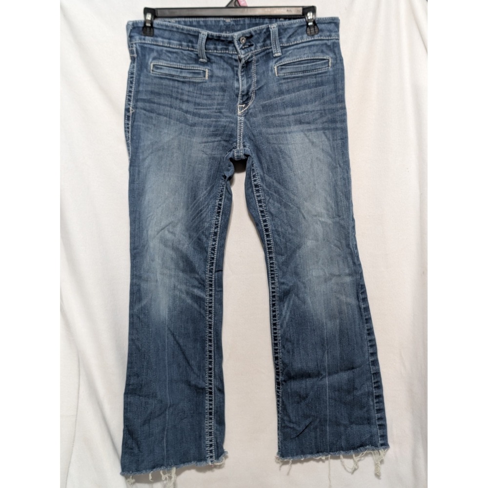 Ariat Trouser Jeans Womens 32R Blue Medium Wash Wide Leg Raw Hem Stretch Denim